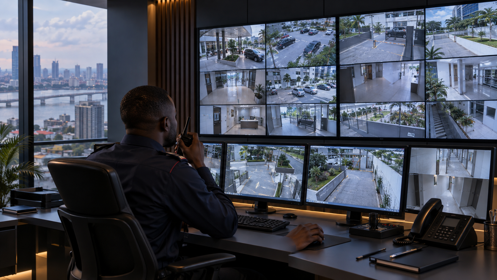 Centre de supervision vidéo professionnel avec un agent de sécurité