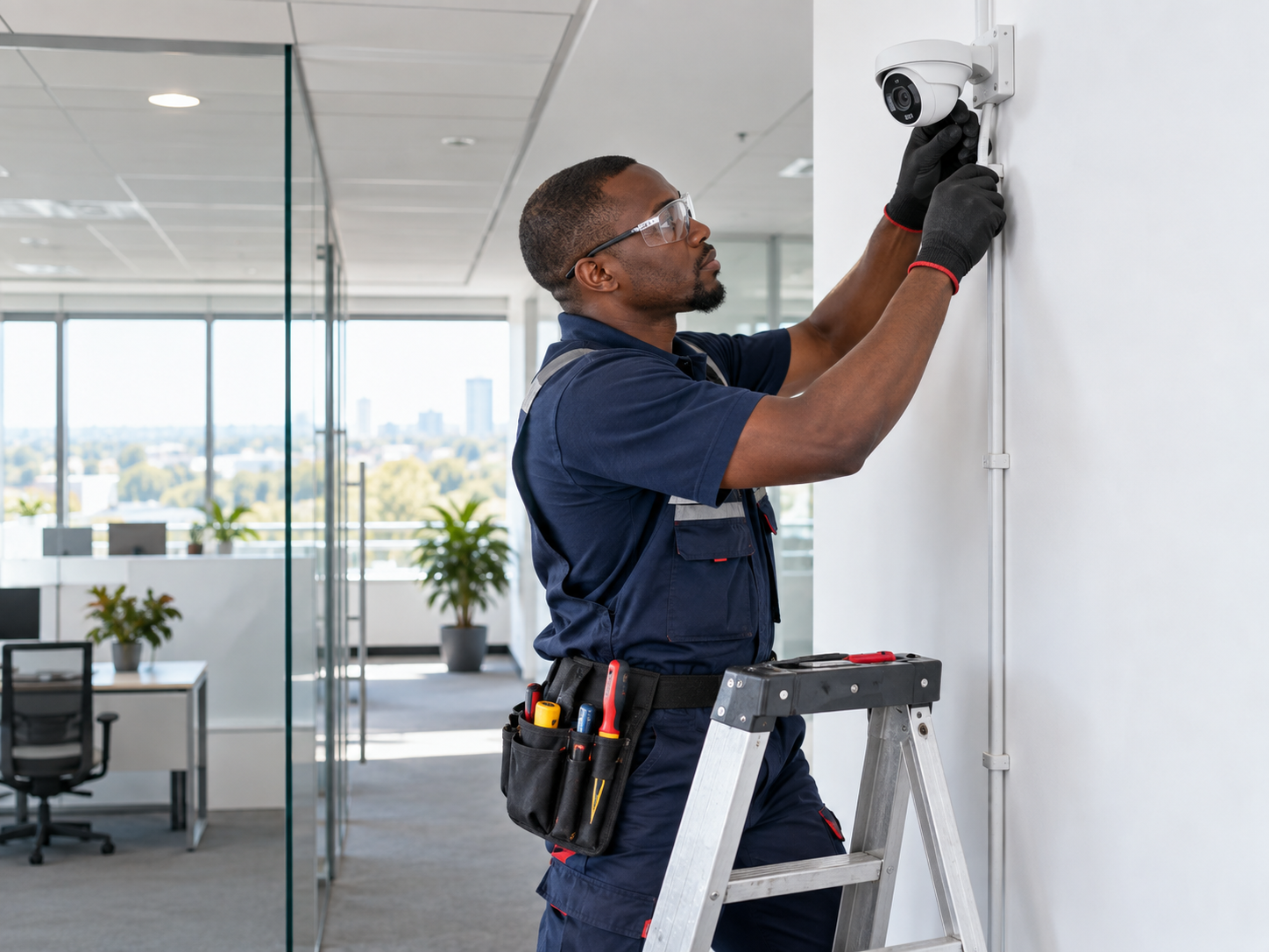 Technicien installant une caméra IP dans des bureaux modernes